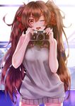  ;d absurdres brown_hair camera eyebrows eyebrows_visible_through_hair girls_frontline hair_between_eyes hair_ribbon highres long_hair looking_at_viewer meme_attire messy_hair nishiro_ryoujin one_eye_closed open_mouth qbz-97_(girls_frontline) ribbon smile solo sweater twintails virgin_killer_sweater yellow_eyes 