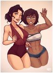  asami_sato avatar_(series) bandeau black_hair blue_eyes breasts brown_hair cleavage dark_skin green_eyes holding_hands iahfy korra looking_at_viewer medium_breasts multiple_girls one_eye_closed smile swimsuit the_legend_of_korra toned 