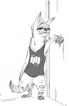  aardwolf anthro black_and_white clothed clothing disney fur hi_res hyena male mammal monochrome nobody_(artist) pack_street solo squint wolter_(weaver) zootopia 