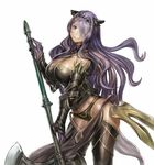  armor axe black_armor black_footwear black_panties boots breasts camilla_(fire_emblem_if) cleavage docoi fire_emblem fire_emblem_if hair_over_one_eye huge_weapon large_breasts lips loincloth long_hair navel panties purple_eyes purple_hair shiny shiny_clothes shiny_skin sidelocks simple_background smile solo thigh_boots thighhighs thighs tiara underwear vambraces wavy_hair weapon white_background 