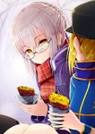  &gt;:) ahoge artoria_pendragon_(all) bangs baseball_cap black-framed_eyewear black_legwear blonde_hair blue_scarf braid closed_mouth coat commentary_request duffel_coat eye_contact eyebrows_visible_through_hair fate/grand_order fate_(series) food french_braid glasses hat highres holding holding_food hopper jacket knees_up legs_together looking_at_another multiple_girls mysterious_heroine_x mysterious_heroine_x_(alter) open_clothes open_coat outdoors plaid plaid_scarf red_scarf reflection rojiura_satsuki:_chapter_heroine_sanctuary scarf semi-rimless_eyewear sidelocks silver_hair smile sweet_potato thighhighs track_jacket under-rim_eyewear v-shaped_eyebrows yakiimo yellow_eyes 