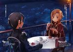  1girl abec asuna_(sao) black_gloves black_hair brown_eyes brown_hair cake character_name fingerless_gloves food gloves highres holding jewelry kirito long_hair lossy-lossless novel_illustration official_art outdoors ring smile sword_art_online 