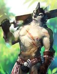  2017 abs anthro belt black_fur blue_eyes blurred_background canine clothed clothing fur gloves grey_fur male mammal melee_weapon moodraw nipple_piercing nipples piercing pink_nipples scar simple_background solo standing sword topless underwear weapon white_fur wolf 