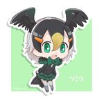  :d arms_at_sides bird_tail black_hair black_shirt blonde_hair border bow bowtie buttons character_name chibi commentary_request eyebrows_visible_through_hair eyelashes feathered_wings food_themed_hair_ornament frilled_skirt frills full_body green_background green_bow green_eyes green_skirt grey_legwear hair_between_eyes hair_ornament hairclip head_wings japanese_cormorant_(kemono_friends) jpeg_artifacts kemono_friends long_sleeves looking_at_viewer multicolored_hair open_mouth orange_hair_ornament outline outside_border shadow shirt short_hair skirt smile solo tail tareme tatsuno_newo twitter_username white_border white_hair white_outline wings 