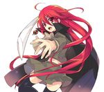  ahoge alastor_(shakugan_no_shana) black_legwear cape eyebrows_visible_through_hair green_shirt green_skirt hair_between_eyes holding holding_sword holding_weapon itou_noiji katana long_hair looking_at_viewer open_mouth red_eyes red_hair shakugan_no_shana shana shirt simple_background skirt solo sword thighhighs very_long_hair weapon white_background zettai_ryouiki 