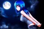 arms_behind_back bangs bare_shoulders blue_hair blush bracelet breasts closed_mouth commentary denim erkaz from_side full_moon jewelry large_breasts leaning_forward long_hair looking_at_viewer looking_to_the_side moon moonlight night night_sky original pink_eyes rina_atherina sky smile solo swept_bangs tank_top upper_body watermark 