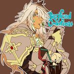  armor blue_eyes dark_skin dark_skinned_male fate/apocrypha fate_(series) food gauntlets long_hair looking_at_viewer male_focus mine_(odasol) open_mouth siegfried_(fate) simple_background solo white_hair 