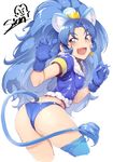  :d animal_ears ass back blue blue_eyes blue_gloves blue_hair blue_legwear blue_panties breasts claw_pose cropped_legs cure_gelato earrings extra_ears fang gloves jewelry kirakira_precure_a_la_mode long_hair open_mouth panties precure short_sleeves sian simple_background small_breasts smile solo tail tategami_aoi thighhighs underwear very_long_hair white_background 