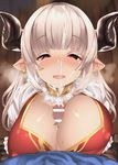  1girl after_paizuri alicia_(granblue_fantasy) bangs bar_censor batsu blush breast_squeeze breasts brown_eyes censored covered_nipples cross cross_earrings cum cum_on_hair draph ear_blush earrings ejaculation eyebrows_visible_through_hair facial gloves gran_(granblue_fantasy) granblue_fantasy half-closed_eyes heart heart-shaped_pupils heavy_breathing hetero horns jewelry large_breasts long_hair looking_at_viewer looking_up open_mouth paizuri paizuri_under_clothes penis pointy_ears pov silver_hair smile solo_focus symbol-shaped_pupils upper_body white_gloves 