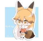  :o animal_ears black_gloves blazer blonde_hair blue_background border bow bowtie breast_pocket buttons character_name chibi commentary_request extra_ears eyebrows_visible_through_hair ezo_red_fox_(kemono_friends) fox_ears fox_tail full_body fur-trimmed_sleeves fur_trim gloves gradient_hair hair_between_eyes jacket jpeg_artifacts kemono_friends long_hair long_sleeves looking_at_viewer multicolored_hair open_mouth orange_eyes outline outside_border pleated_skirt pocket shadow skirt solo tail tatsuno_newo tsurime twitter_username two-tone_hair white_border white_bow white_hair white_neckwear white_outline white_skirt 