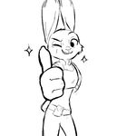  anthro black_and_white bulletproof_vest disney female judy_hopps lagomorph mammal monochrome one_eye_closed open_mouth open_smile rabbit replytoanons simple_background smile solo star teeth thumbs_up white_background wink zootopia 