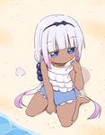 barefoot beach beads blue_eyes casual_one-piece_swimsuit dark_skin hair_beads hair_ornament hairband kanna_kamui kobayashi-san_chi_no_maidragon lavender_hair long_hair one-piece_swimsuit pink_hair pulled_by_self sitting solo swimsuit swimsuit_pull tan tanline tonmoh twintails 