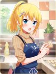  apron battle_girl_high_school blonde_hair blue_eyes blush dumpling food hair_ornament hairclip jiaozi kitchen kougami_kanon lens_flare looking_at_viewer official_art open_mouth solo 