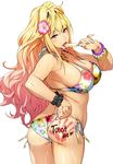  adjusting_clothes adjusting_swimsuit ass back banpresto bikini blonde_hair breasts cleavage gradient_hair hair_flower hand_print hand_print_on_ass hips jewelry large_breasts long_hair long_nails looking_back multicolored_bikini official_art plump popsicle red_eyes sexually_suggestive shatte_judevesten super_robot_wars super_robot_wars_x-omega two-tone_hair wet white_nails writing_on_ass 