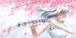  bare_arms bare_shoulders cherry_blossoms closed_eyes commentary dress eyelashes floating_hair flower flute frills instrument lips long_hair music original petals pink_flower playing_instrument profile sleeveless solo spaghetti_strap transparent upper_body watermark web_address wenqing_yan white_hair wind 