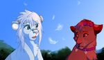  cat day detailed_background duo feline feral fur green_eyes hair kitchiki lion mammal open_mouth outside pink_nose red_fur sky tongue white_fur white_hair 
