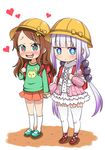  backpack bag blue_eyes brown_hair capelet commentary_request drooling gradient_hair green_eyes hair_tubes hat heart heart-shaped_pupils holding_hands kanna_kamui kneehighs kobayashi-san_chi_no_maidragon lavender_hair long_hair looking_at_viewer low_twintails mary_janes multicolored_hair multiple_girls no_nose pleated_skirt randoseru saikawa_riko school_hat shoes simple_background skirt symbol-shaped_pupils the_dark thighhighs twintails white_background white_legwear yuri zettai_ryouiki 