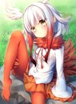  :&lt; brown_eyes chiyonekoko closed_mouth expressionless gloves head_wings japanese_crested_ibis_(kemono_friends) kemono_friends leg_lift multicolored_hair no_shoes pantyhose red_hair red_legwear shirt short_hair silver_hair sitting skirt solo spread_legs two-tone_hair 