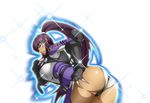  amanomiya_ayame ass back_opening banpresto bent_over bodysuit breasts crotch finger_to_mouth hand_on_ass hand_on_own_ass large_breasts long_hair looking_at_viewer official_art ponytail super_robot_wars super_robot_wars_x-omega thighs 