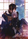  black_gloves black_hair blue_eyes closed_eyes crescent_moon flower gloves hand_on_another's_head himeno_(omega13) honebami_toushirou japanese_clothes male_focus mikazuki_munechika military military_uniform moon multiple_boys necktie night night_sky sayagata sitting sky sliding_doors touken_ranbu uniform white_gloves white_hair yaoi 