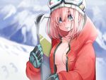  blue_eyes blush breasts cleavage coat gloves goggles goggles_on_head highres large_breasts looking_at_viewer naked_coat open_clothes open_coat original pink_hair skis snow solo takagi_(tansuke) tansuke 