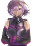  1girl absurdres armor armored_dress bare_shoulders breasts clenched_hand closed_mouth commentary_request fate/grand_order fate_(series) fujitsubo_(hujitubo0731) gloves hair_over_one_eye highres large_breasts looking_at_viewer mash_kyrielight purple_eyes purple_gloves purple_hair short_hair 