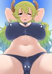  ;d arms_behind_head arms_up bangs bare_shoulders belly bikini black_bikini black_eyes blonde_hair blue_hair blue_sky blush breasts cameltoe cleavage cleavage_cutout collarbone covered_nipples cowboy_shot day dragon_girl dragon_horns eyebrows_visible_through_hair eyelashes from_below gradient_eyes gradient_hair green_eyes green_hair groin hair_between_eyes highres horns kobayashi-san_chi_no_maidragon large_breasts lips long_hair looking_at_viewer looking_down midriff multicolored multicolored_eyes multicolored_hair navel nurugamer-kouyouju one_eye_closed open_mouth outdoors pink_lips plump quetzalcoatl_(maidragon) ribbed_bikini shiny shiny_clothes sitting skin_tight sky slit_pupils smile solo spread_legs stomach swimsuit thighhighs turtleneck wavy_hair yellow_pupils 