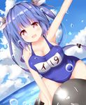  akiori_koromo blue_hair blue_sky breasts cloud day fang hair_ribbon i-19_(kantai_collection) kantai_collection large_breasts long_hair name_tag ocean one-piece_swimsuit open_mouth red_eyes ribbon school_swimsuit sky solo star swimsuit symbol-shaped_pupils torpedo twintails water water_drop 