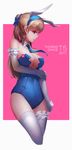  2017 animal_ears arm_garter artist_name badge bangs bare_shoulders blonde_hair blue_bow blue_eyes blue_leotard blue_neckwear blunt_bangs bow breasts brown_hair bunny_ears bunny_girl bunnysuit cleavage closed_mouth collarbone covered_navel cowboy_shot cropped_legs dated detached_collar elbow_gloves fake_animal_ears garters gloves hair_bow highres holding_arm ibara_dance large_breasts legs_together leotard long_hair looking_away mole mole_under_eye necktie original ponytail profile skin_tight smile solo strapless strapless_leotard thighhighs underboob white_gloves white_legwear wrist_cuffs 