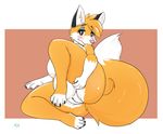  2016 anthro belly big_belly big_breasts big_butt black_fur blush breasts brown_eyes butt canine featureless_breasts female fox fur huge_breasts kamikitsu looking_at_viewer mammal nude orange_fur pink_nose pregnant pussy raised_leg solo spread_legs spreading white_fur 