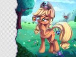  applejack_(mlp) cutie_mark day equine eyelashes female feral friendship_is_magic fur grass green_eyes hat hooves mammal my_little_pony orange_fur outside standing thediscorded 