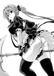  1girl airi_(queen&#039;s_blade) black_legwear breasts erect_nipples frills kuimono large_breasts long_hair looking_back maid maid_headdress mikemono_yuu monochrome open_mouth panties pantyshot queen&#039;s_blade red_hair scythe solo thighhighs twintails underwear white_background white_panties 