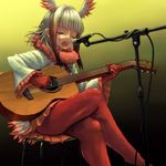 bangs blunt_bangs closed_eyes commentary_request crossed_legs gloves guitar head_wings instrument japanese_crested_ibis_(kemono_friends) kemono_friends long_hair long_sleeves lonsdaleite microphone multicolored_hair music open_mouth orange_skirt pantyhose playing_instrument pleated_skirt red_gloves red_hair red_legwear shirt sidelocks singing sitting skirt solo tail two-tone_hair white_hair white_shirt 