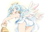  angel ass bell bellringer_angel blue_eyes blue_hair dress earrings from_behind halo ham_(points) jewelry leaning_forward long_hair looking_back open_mouth panties shadowverse smile solo thigh_gap underwear white_panties wind wind_lift wings 
