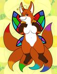  2017 abstract_background absurd_res alynna antennae anthro belly black_nose blue_eyes breasts brown_fur butterfly_wings canine colorful dipstick_tail eyelashes fairy featureless_breasts featureless_crotch female fox fur half-closed_eyes hi_res mammal markings multi_tail multicolored_tail navel nishi nude seductive smile socks_(marking) solo white_fur wings 