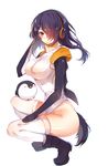  absurdres ass bad_id bad_pixiv_id baocaizi bird black_hair boots brown_eyes covered_navel covered_nipples emperor_penguin emperor_penguin_(kemono_friends) from_side hair_over_one_eye headphones highres kemono_friends leotard long_hair looking_at_viewer multicolored_hair penguin solo squatting tail thighhighs two-tone_hair white_legwear 