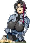  arm_under_breasts banpresto black_hair black_lipstick bodysuit breasts character_request cigarette gloves hair large_breasts official_art short single_colored_lock sunglasses super_robot_wars super_robot_wars_x-omega two-tone_hair 
