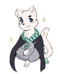  5_fingers anthro blue_eyes blush cat cloak clothing feline fur mammal scarf simple_background sweater wand white_fur woong 