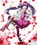  :d blood blood_from_mouth bloody_clothes blue_eyes blue_hair choker dawn_of_the_golden_witch dress floral_print flower furudo_erika gun hair_flower hair_ornament hand_on_own_chest highres mary_janes open_mouth pantyhose petals ponita print_legwear rose sawed-off_shotgun shoes shotgun smile twintails umineko_no_naku_koro_ni v-shaped_eyebrows weapon wide_sleeves 