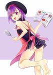  :d apron ass bad_feet bare_shoulders barefoot blush book error fate/grand_order fate_(series) hat helena_blavatsky_(fate/grand_order) looking_at_viewer looking_back migihiko open_mouth panties pantyshot purple_eyes purple_hair short_hair sketch smile solo standing standing_on_one_leg toes underwear whisk wrong_feet 