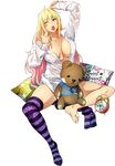  alarm_clock banpresto blonde_hair blush_stickers breasts cleavage gradient_hair large_breasts long_hair official_art one_eye_closed open_clothes open_shirt pillow plump red_eyes shatte_judevesten shirt striped_thighhighs super_robot_wars super_robot_wars_x-omega teddy_bear thighhighs thighs two-tone_hair white_shirt yawning 