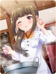  alternate_hairstyle apron battle_girl_high_school blush brown_hair eyebrows eyebrows_visible_through_hair fujimiya_sakura japanese_clothes kappougi kitchen long_hair official_art one_eye_closed open_mouth pot solo sweatdrop thick_eyebrows 