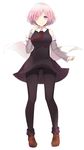  absurdres bad_id bad_pixiv_id black_dress black_legwear dress eyes_visible_through_hair fate/grand_order fate_(series) full_body hair_over_one_eye highres jacket levi9452 mash_kyrielight necktie panties panties_under_pantyhose pantyhose pantyshot purple_eyes purple_hair short_hair simple_background smile solo underwear white_background wind wind_lift 