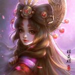  blurry brown_eyes brown_hair character_name closed_mouth depth_of_field from_side juvia_ho kaguya_(onmyoji) long_hair looking_at_viewer onmyoji petals realistic solo upper_body 