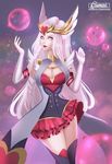  alternate_costume artist_name breasts cleavage cleavage_cutout corset energy_ball heart large_breasts league_of_legends lipstick long_hair makeup mary_montes no_pupils purple_eyes red_lipstick silver_hair skirt solo syndra thighhighs watermark web_address winged_hair_ornament 