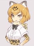  animal_ears blonde_hair blush bow commentary_request elbow_gloves gloves hands_on_hips jaguar_(kemono_friends) jaguar_ears jaguar_print kawata_hisashi kemono_friends looking_at_viewer open_mouth short_hair sketch solo 