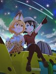  :d animal_ears armpit_peek backpack bag black_gloves black_hair black_legwear blue_eyes brown_eyes bus cloud cloudy_sky commentary_request elbow_gloves gloves ground_vehicle hat helmet highres kaban_(kemono_friends) kemono_friends light_brown_hair motor_vehicle multiple_girls night night_sky open_mouth pandemic14 pantyhose pith_helmet pointing pointing_up serval_(kemono_friends) serval_ears serval_print serval_tail shoes shooting_star short_hair sitting sky smile star_(sky) stargazing starry_sky tail 