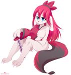  2017 anthro blue_eyes breasts claws featureless_breasts female fur hair hi_res long_hair looking_at_viewer melee_weapon momomistress multicolored_tail red_hair simple_background smile solo sword toe_claws unknown_species weapon white_background white_fur 