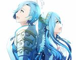  1girl aqua_(fire_emblem_if) blue_hair cimeri fire_emblem fire_emblem_if jewelry long_hair mother_and_son music necklace pauldrons shigure_(fire_emblem_if) short_hair simple_background singing smile water white_background yellow_eyes 