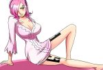  artist_request blue_eyes blush breasts cleavage curvy large_breasts navel one_piece pink_hair smile tattoo vinsmoke_reiju 